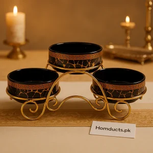 Luxury Black & Gold 3-Tier Bowl Set with Stand